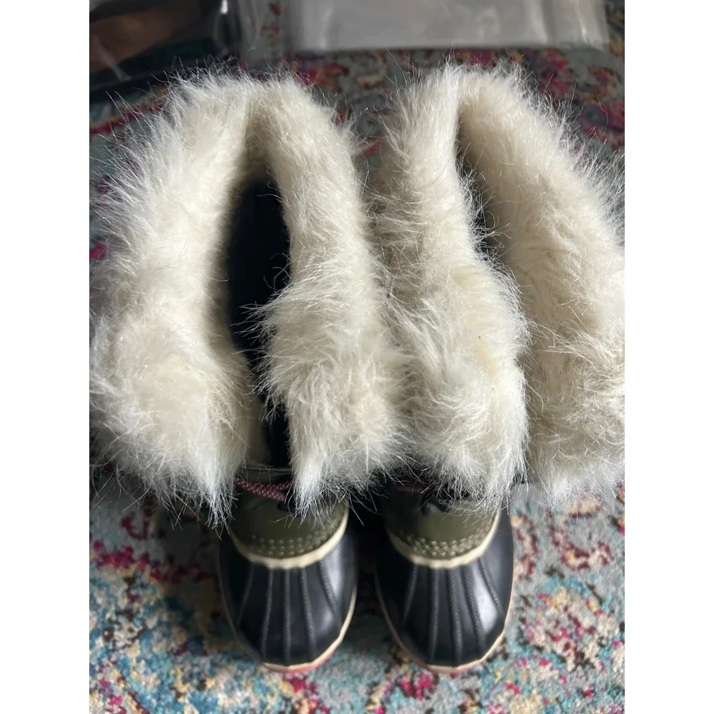 Sorel Joan of Arctic Winter Boots Olive Green Pink Faux Fur Waterproof Snow
